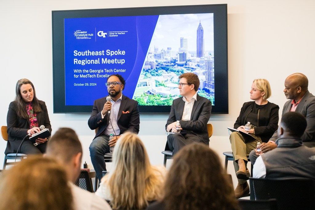 Rebekah Neal, VentureWell, moderates a conversation with panelists Kirk L. Barnes, TransPharMed; Morgan Greenleaf, Emory University; Katie Thompson, Winrock International; and James Lillard, Morehouse School of Medicine.