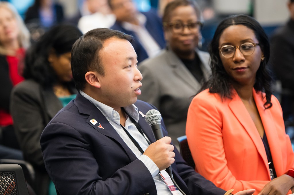 Startup showcase experts Edward Lai, Metro Atlanta Chamber of Commerce; and Courtney Law, J.P. Morgan; pose questions to startup presenters.
