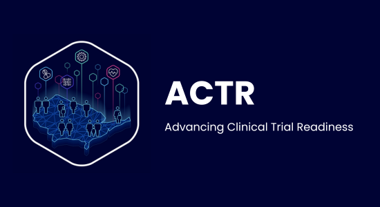 ACTR, Advancing Clinical Trial Readiness; hexagon shape containing outline of United States map, with various locations including illustrated people or lines with hexagons highlighting different elements