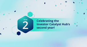 Year 2; Celebrating the Investor Catalyst Hub's second year; IC Hub logo; blue and teal background with confetti