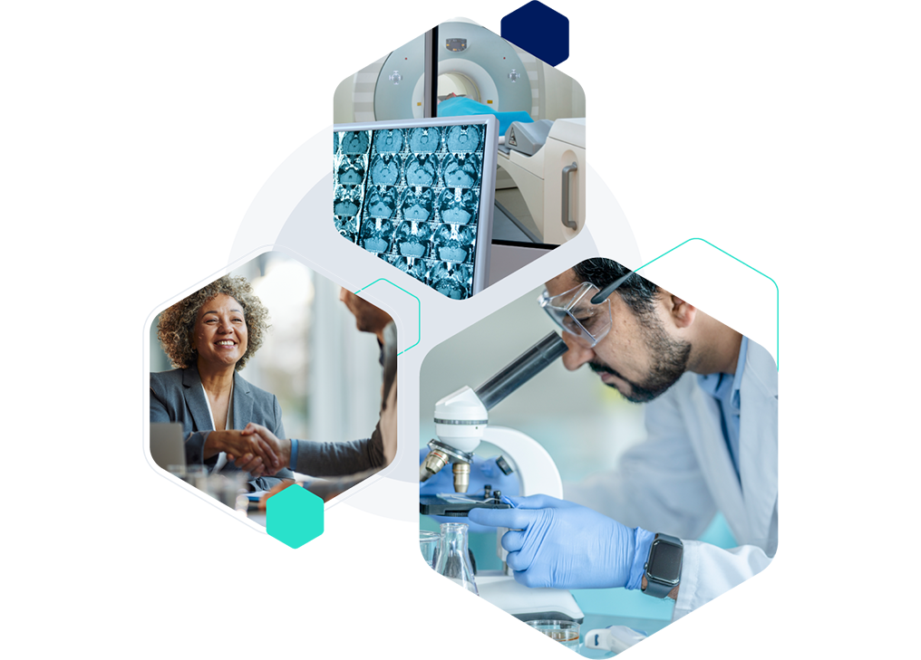 Illustration with hexagonal photos of healthcare professionals and labs