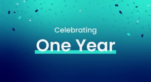 Celebrating One Year; words with confetti on a teal and blue background