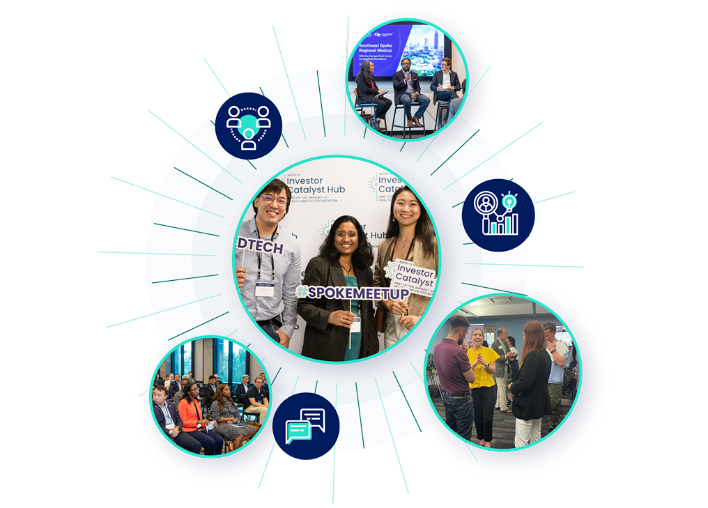 Radiating spoke illustration with circular icons and photos of spoke member events